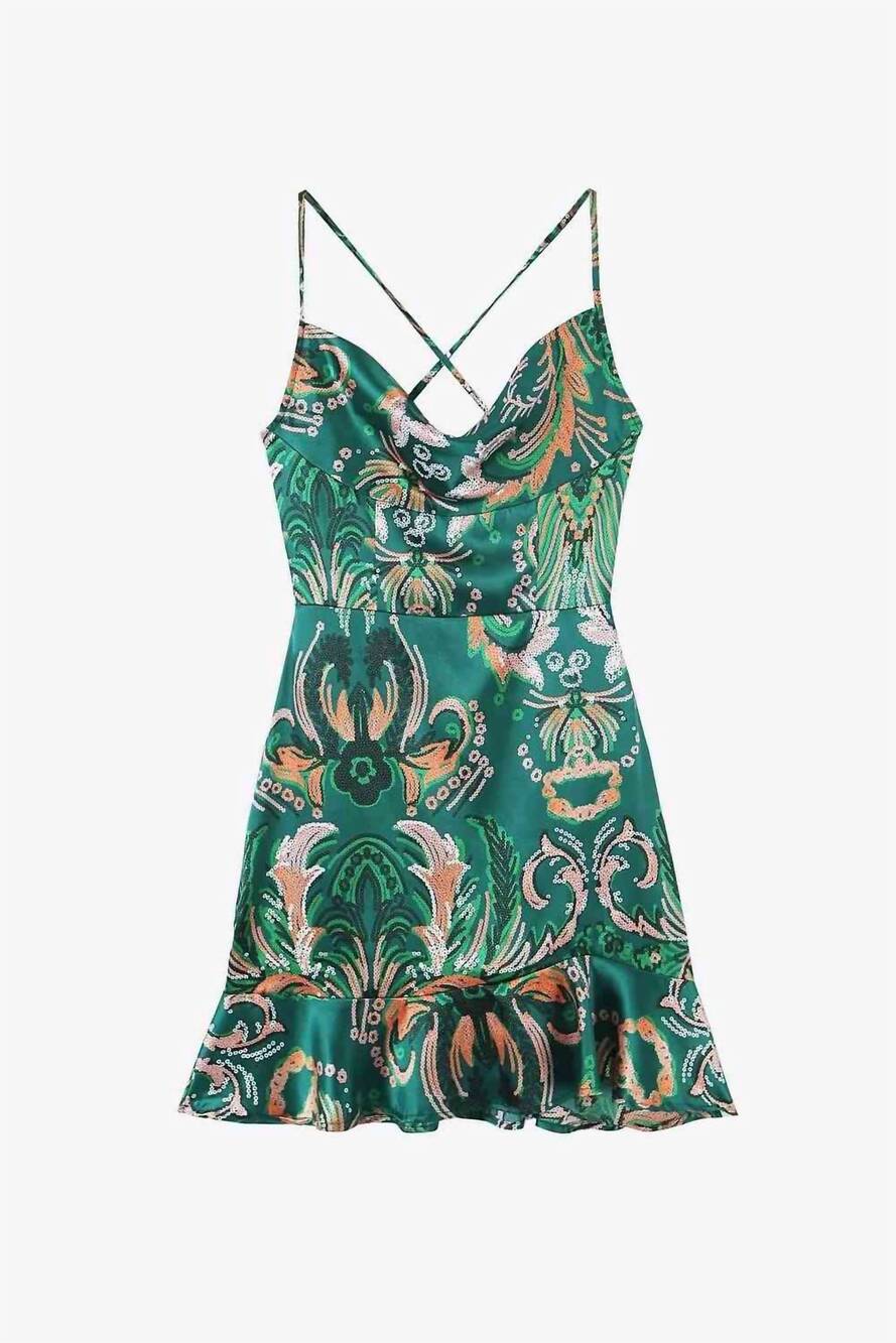 NEW TRENDSI women's printed cowl neck ruffle hem mini dress in forest